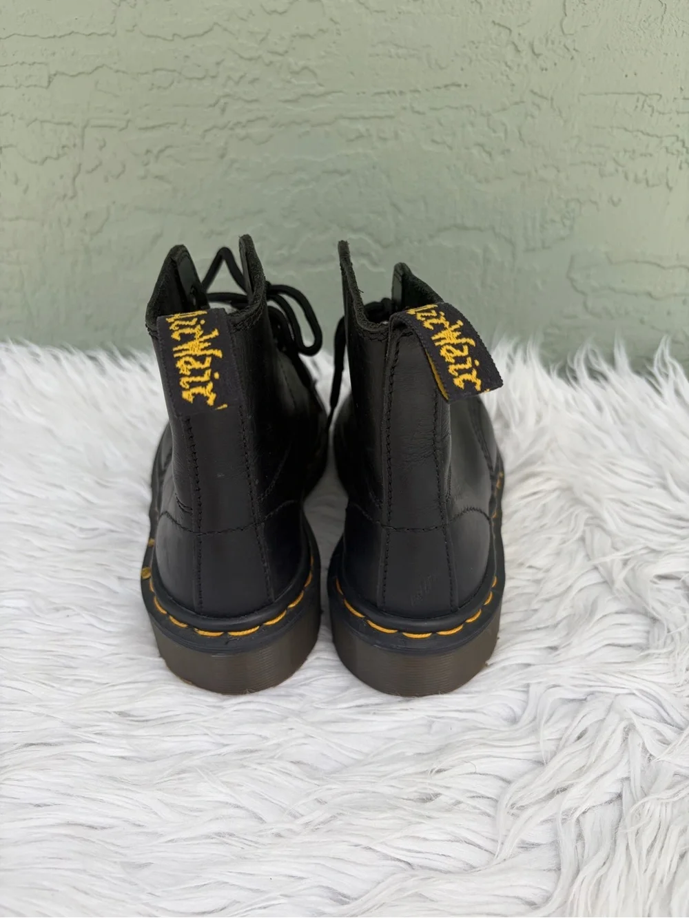 Dr. Martens Black Leather Ankle Boots with Yellow Stitching NEW